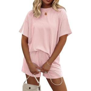 Ekouaer Womens Pajama Sets Short Sleeve Lounge Sets 2 Piece Pjs Tops and Shorts Outfits Matching Loungewear with Pockets(Light Pink)