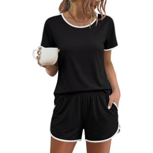 Ekouaer Womens Pajama Sets Short Sleeve Sleepwear Soft Pjs Sets Round Neck Summer 2 Piece Lounge Set with Pockets S-XXL(Black)