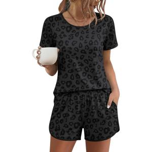 Ekouaer Womens Pajama Sets Short Sleeve Sleepwear Soft Pjs Sets Round Neck Summer 2 Piece Lounge Set with Pockets S-XXL(Black Leopard Print)