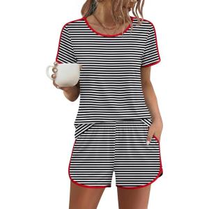 Ekouaer Womens Pajama Sets Short Sleeve Sleepwear Soft Pjs Sets Round Neck Summer 2 Piece Lounge Set with Pockets S-XXL(Black and White Stripe)