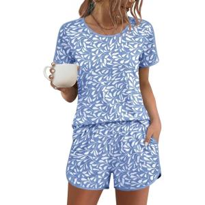 Ekouaer Womens Pajama Sets Short Sleeve Sleepwear Soft Pjs Sets Round Neck Summer 2 Piece Lounge Set with Pockets S-XXL(Blue – Leaves)