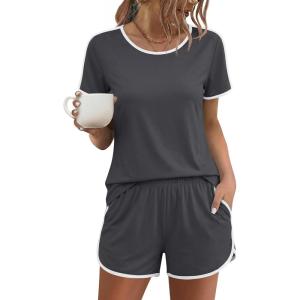Ekouaer Womens Pajama Sets Short Sleeve Sleepwear Soft Pjs Sets Round Neck Summer 2 Piece Lounge Set with Pockets S-XXL(Dark Grey)