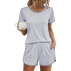 Ekouaer Womens Pajama Sets Short Sleeve Sleepwear Soft Pjs Sets Round Neck Summer 2 Piece Lounge Set with Pockets S-XXL(Grey Stripe)