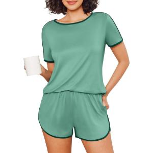 Ekouaer Womens Pajama Sets Short Sleeve Sleepwear Soft Pjs Sets Round Neck Summer 2 Piece Lounge Set with Pockets S-XXL(Mint Green)