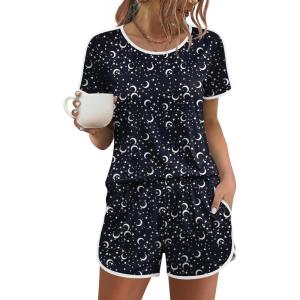 Ekouaer Womens Pajama Sets Short Sleeve Sleepwear Soft Pjs Sets Round Neck Summer 2 Piece Lounge Set with Pockets S-XXL(Moon and Star)