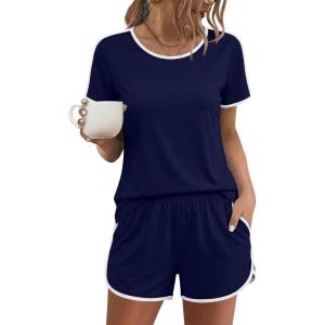 Ekouaer Womens Pajama Sets Short Sleeve Sleepwear Soft Pjs Sets Round Neck Summer 2 Piece Lounge Set with Pockets S-XXL(Navy Blue)