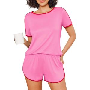 Ekouaer Womens Pajama Sets Short Sleeve Sleepwear Soft Pjs Sets Round Neck Summer 2 Piece Lounge Set with Pockets S-XXL(Peach Pink)