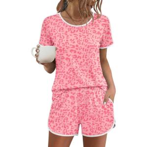Ekouaer Womens Pajama Sets Short Sleeve Sleepwear Soft Pjs Sets Round Neck Summer 2 Piece Lounge Set with Pockets S-XXL(Pink Leopard)