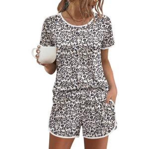 Ekouaer Womens Pajama Sets Short Sleeve Sleepwear Soft Pjs Sets Round Neck Summer 2 Piece Lounge Set with Pockets S-XXL(White Leopard)