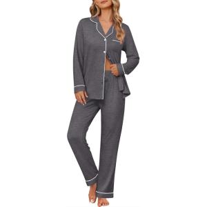 Ekouaer Women’s Pajama Sets Soft Button Down Pj Sets 2 piece Long Sleeve and Pants Loungewear Set S-XXL(Dark Grey)