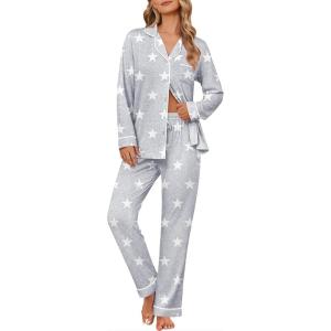 Ekouaer Women’s Pajama Sets Soft Button Down Pj Sets 2 piece Long Sleeve and Pants Loungewear Set S-XXL(Light Grey Star)