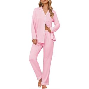 Ekouaer Women’s Pajama Sets Soft Button Down Pj Sets 2 piece Long Sleeve and Pants Loungewear Set S-XXL(Pink)