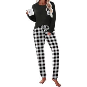 Ekouaer Womens Pajamas Set Long Sleeve Christmas PJ Sets Soft Lounge Set for Women Sleepwear Joggers with Pockets(Black Plaid)