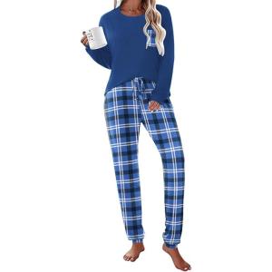 Ekouaer Womens Pajamas Set Long Sleeve Christmas PJ Sets Soft Lounge Set for Women Sleepwear Joggers with Pockets(Blue Plaid)
