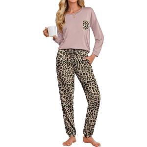 Ekouaer Womens Pajamas Set Long Sleeve Christmas PJ Sets Soft Lounge Set for Women Sleepwear Joggers with Pockets(Dark Pink & Leopard)