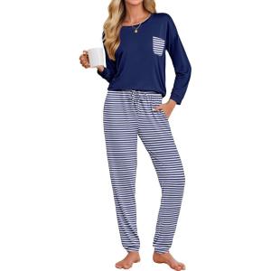 Ekouaer Womens Pajamas Set Long Sleeve Christmas PJ Sets Soft Lounge Set for Women Sleepwear Joggers with Pockets(Navy Blue Striped)