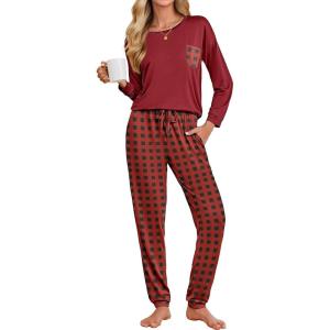 Ekouaer Womens Pajamas Set Long Sleeve Christmas PJ Sets Soft Lounge Set for Women Sleepwear Joggers with Pockets(Red Plaid 2)