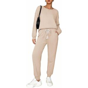 Ekouaer Womens Pajamas Set Ribbed Knit Long Sleeve Pullover Top Jogger Pants Set 2 Piece Lounge Set Sleepwear Tracksuit S-XXL(Apricot)