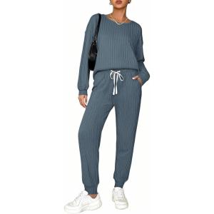 Ekouaer Womens Pajamas Set Ribbed Knit Long Sleeve Pullover Top Jogger Pants Set 2 Piece Lounge Set Sleepwear Tracksuit S-XXL(Dark Blue)