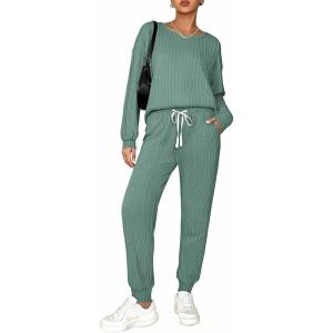 Ekouaer Womens Pajamas Set Ribbed Knit Long Sleeve Pullover Top Jogger Pants Set 2 Piece Lounge Set Sleepwear Tracksuit S-XXL(Gray Green)