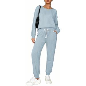 Ekouaer Womens Pajamas Set Ribbed Knit Long Sleeve Pullover Top Jogger Pants Set 2 Piece Lounge Set Sleepwear Tracksuit S-XXL(Light Blue)