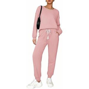 Ekouaer Womens Pajamas Set Ribbed Knit Long Sleeve Pullover Top Jogger Pants Set 2 Piece Lounge Set Sleepwear Tracksuit S-XXL(Light Pink)
