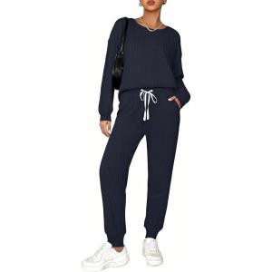 Ekouaer Womens Pajamas Set Ribbed Knit Long Sleeve Pullover Top Jogger Pants Set 2 Piece Lounge Set Sleepwear Tracksuit S-XXL(Navy)