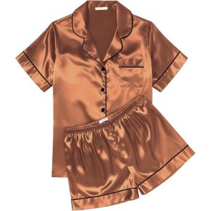 Ekouaer Womens Silk Satin Pajama Sets Soft Short Sleeve Button Down Sleepwear Top and Shorts 2 Piece Pjs Lounge Set(Brown)