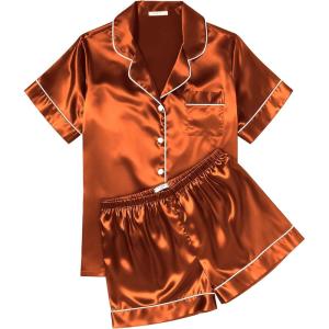 Ekouaer Womens Silk Satin Pajama Sets Soft Short Sleeve Button Down Sleepwear Top and Shorts 2 Piece Pjs Lounge Set(Caramel)