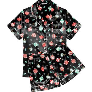 Ekouaer Womens Silk Satin Pajama Sets Soft Short Sleeve Button Down Sleepwear Top and Shorts 2 Piece Pjs Lounge Set(Christmas Black)