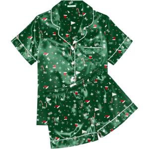 Ekouaer Womens Silk Satin Pajama Sets Soft Short Sleeve Button Down Sleepwear Top and Shorts 2 Piece Pjs Lounge Set(Christmas Green)