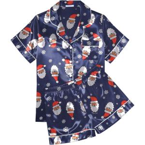 Ekouaer Womens Silk Satin Pajama Sets Soft Short Sleeve Button Down Sleepwear Top and Shorts 2 Piece Pjs Lounge Set(Christmas Navy)