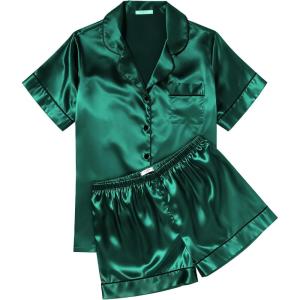 Ekouaer Womens Silk Satin Pajama Sets Soft Short Sleeve Button Down Sleepwear Top and Shorts 2 Piece Pjs Lounge Set(Dark Green)