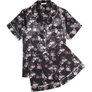 Ekouaer Womens Silk Satin Pajama Sets Soft Short Sleeve Button Down Sleepwear Top and Shorts 2 Piece Pjs Lounge Set(Floral Black White)