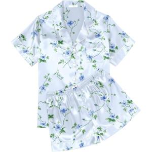 Ekouaer Womens Silk Satin Pajama Sets Soft Short Sleeve Button Down Sleepwear Top and Shorts 2 Piece Pjs Lounge Set(Floral Light Blue)