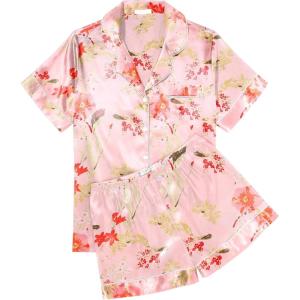 Ekouaer Womens Silk Satin Pajama Sets Soft Short Sleeve Button Down Sleepwear Top and Shorts 2 Piece Pjs Lounge Set(Floral Pink)