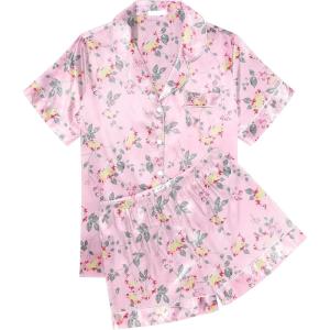 Ekouaer Womens Silk Satin Pajama Sets Soft Short Sleeve Button Down Sleepwear Top and Shorts 2 Piece Pjs Lounge Set(Floral Pink Yellow)