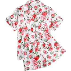 Ekouaer Womens Silk Satin Pajama Sets Soft Short Sleeve Button Down Sleepwear Top and Shorts 2 Piece Pjs Lounge Set(Floral White Red)