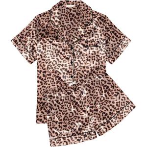 Ekouaer Womens Silk Satin Pajama Sets Soft Short Sleeve Button Down Sleepwear Top and Shorts 2 Piece Pjs Lounge Set(Leopard)