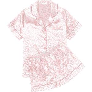 Ekouaer Womens Silk Satin Pajama Sets Soft Short Sleeve Button Down Sleepwear Top and Shorts 2 Piece Pjs Lounge Set(Leopard Pink)