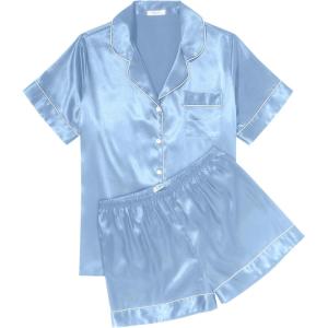 Ekouaer Womens Silk Satin Pajama Sets Soft Short Sleeve Button Down Sleepwear Top and Shorts 2 Piece Pjs Lounge Set(Light Blue)