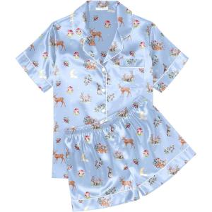 Ekouaer Womens Silk Satin Pajama Sets Soft Short Sleeve Button Down Sleepwear Top and Shorts 2 Piece Pjs Lounge Set(Light Blue-animal)