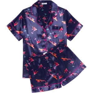 Ekouaer Womens Silk Satin Pajama Sets Soft Short Sleeve Button Down Sleepwear Top and Shorts 2 Piece Pjs Lounge Set(Navy Wineglass)