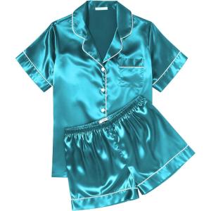 Ekouaer Womens Silk Satin Pajama Sets Soft Short Sleeve Button Down Sleepwear Top and Shorts 2 Piece Pjs Lounge Set(Peacock Blue)
