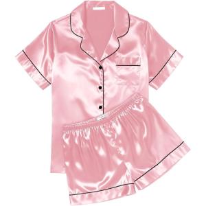 Ekouaer Womens Silk Satin Pajama Sets Soft Short Sleeve Button Down Sleepwear Top and Shorts 2 Piece Pjs Lounge Set(Pink)