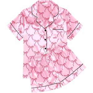 Ekouaer Womens Silk Satin Pajama Sets Soft Short Sleeve Button Down Sleepwear Top and Shorts 2 Piece Pjs Lounge Set(Pink Red Bow Knot)