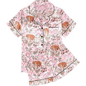 Ekouaer Womens Silk Satin Pajama Sets Soft Short Sleeve Button Down Sleepwear Top and Shorts 2 Piece Pjs Lounge Set(Pink-tiger)