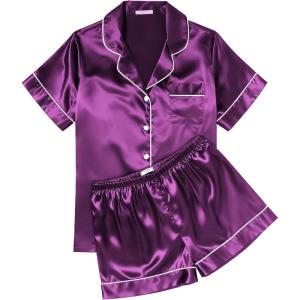 Ekouaer Womens Silk Satin Pajama Sets Soft Short Sleeve Button Down Sleepwear Top and Shorts 2 Piece Pjs Lounge Set(Purple)
