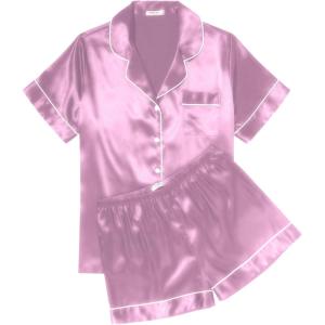 Ekouaer Womens Silk Satin Pajama Sets Soft Short Sleeve Button Down Sleepwear Top and Shorts 2 Piece Pjs Lounge Set(Purple Red)