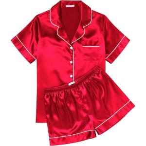 Ekouaer Womens Silk Satin Pajama Sets Soft Short Sleeve Button Down Sleepwear Top and Shorts 2 Piece Pjs Lounge Set(Red)